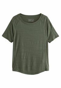 Oliwkowy t-shirt z krótkim rękawem o okrągłym dekolcie, wykonany z miękkiego materiału, z delikatnymi poziomymi paskami i rękawami raglanowymi.