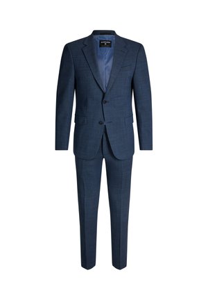 Marineblauw pak gemaakt van gestructureerde stof. Beschikt over een blazer met twee knopen en notch revers, bijpassende broek en een satijnen voering.
