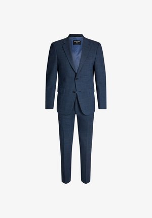 Costume bleu marine en tissu texturé. Comprend un blazer à deux boutons avec revers crantés, un pantalon assorti et une doublure intérieure en satin.