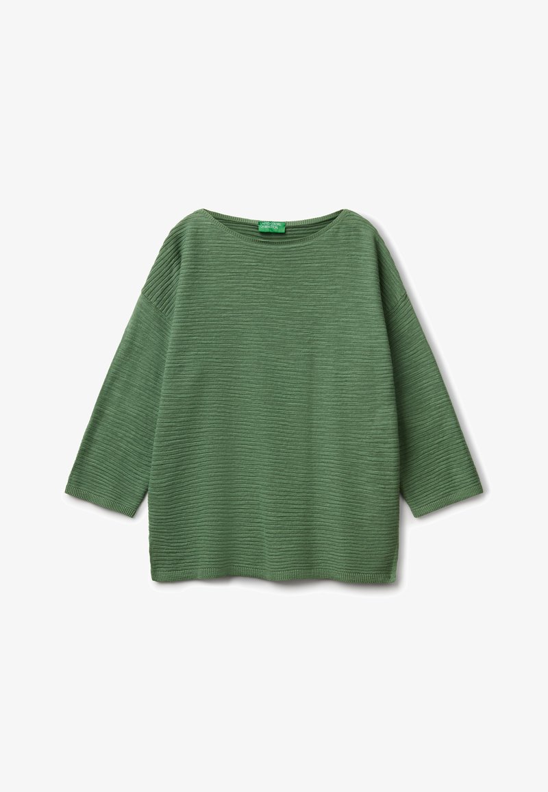 Pull vert à texture, au style ample. Il possède un col rond et des manches trois-quarts, avec un motif à rayures subtil.