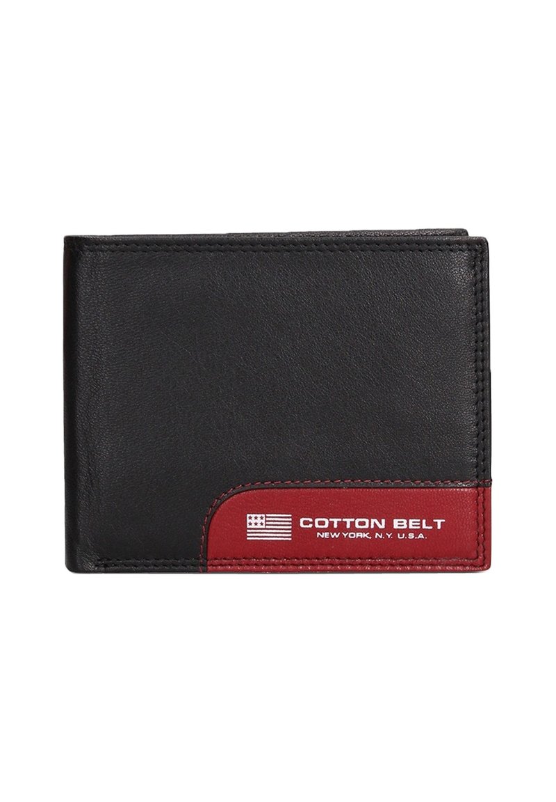 Portafoglio in pelle nera con un accento rosso, recante la scritta "COTTON BELT", design della bandiera degli Stati Uniti e bordi cuciti. Design compatto a doppia piega.