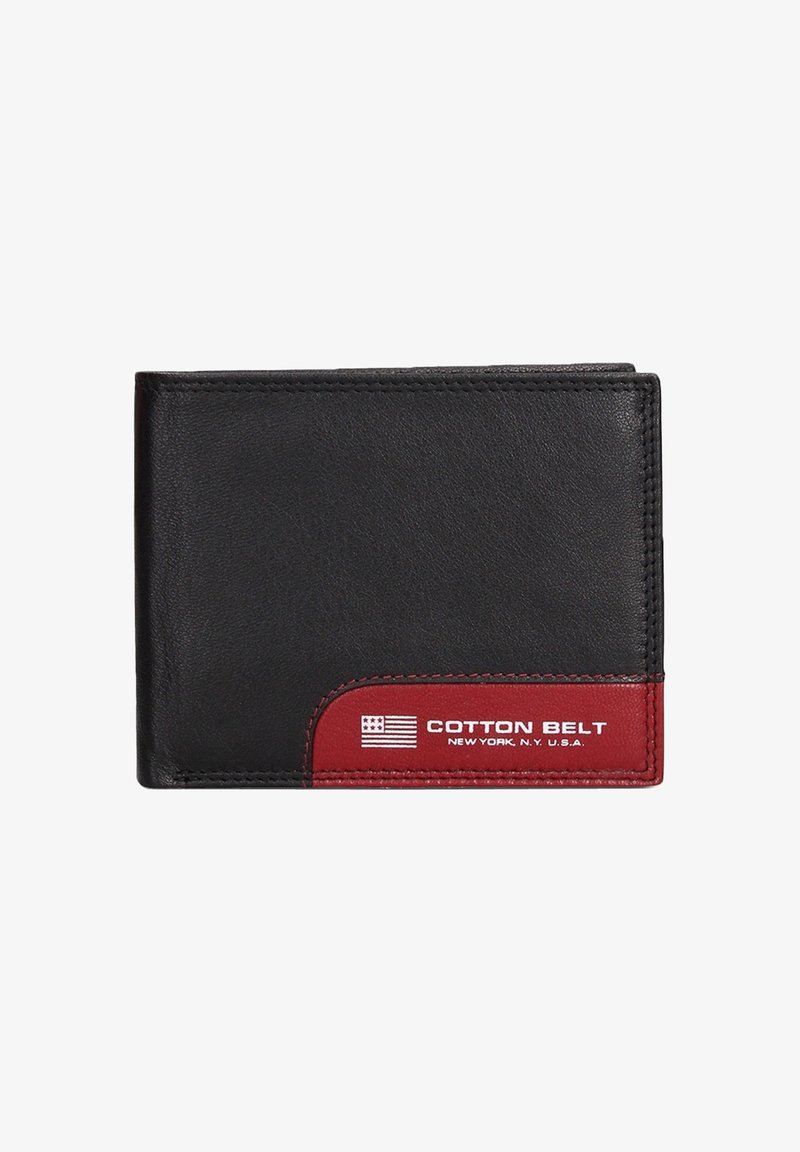 Portafoglio in pelle nera con un accento rosso, recante la scritta "COTTON BELT", design della bandiera degli Stati Uniti e bordi cuciti. Design compatto a doppia piega.