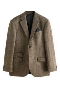 Brown checkered blazer made of woven fabric, featuring a notched collar, two front pockets, a chest pocket with a dark pocket square, and buttoned cuffs.