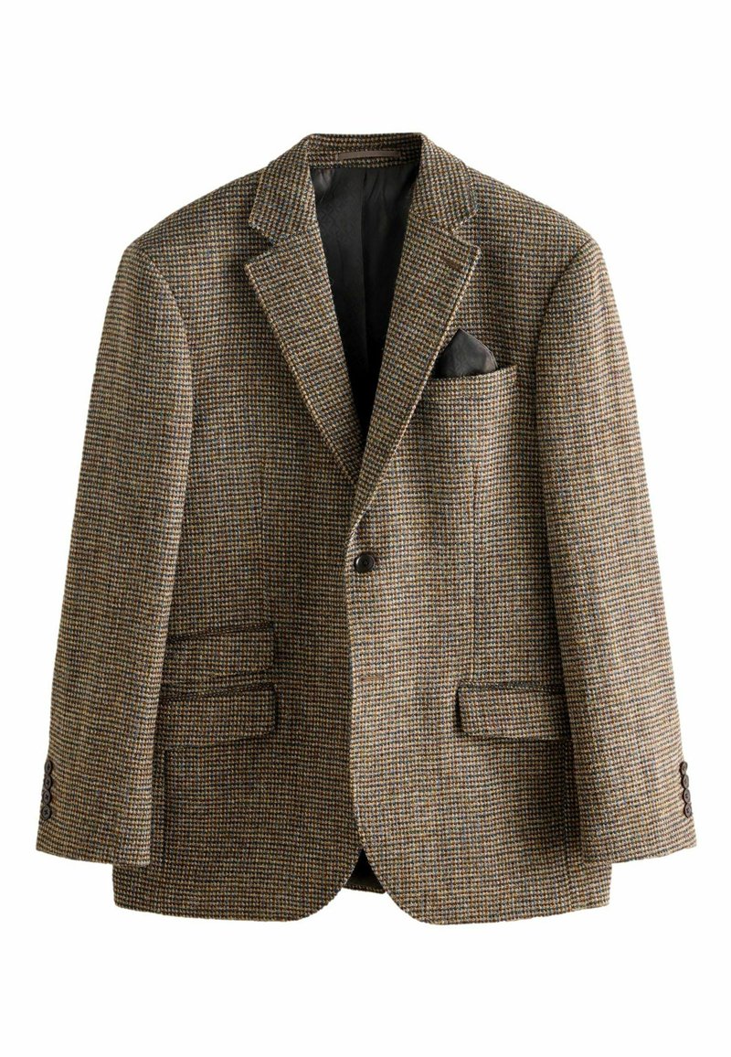 Brown checkered blazer made of woven fabric, featuring a notched collar, two front pockets, a chest pocket with a dark pocket square, and buttoned cuffs.