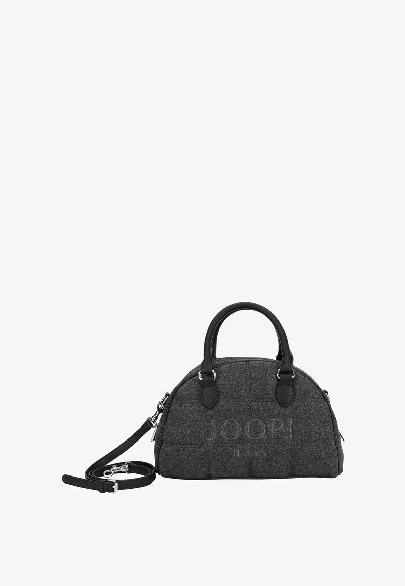 Wyposażona w podszewkę szara torba z filcu z czarnymi skórzanymi akcentami, o zaokrąglonym kształcie, z podwójnymi uchwytami, odczepianym paskiem na ramię oraz wytłoczonym logotypem.
