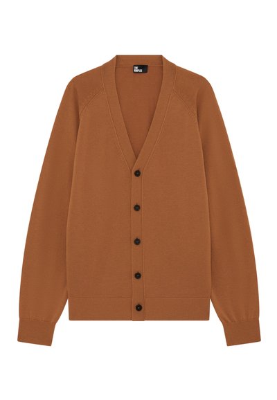 Brauner Strickcardigan mit V-Ausschnitt, langen Ärmeln und schwarzen Knöpfen an der Vorderseite. Mit gerippten Bündchen und Saum.