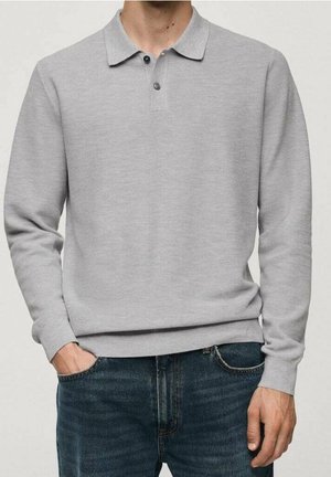 Mann trägt ein hellgraues langärmeliges Poloshirt, leicht in dunkelblaue Jeans gesteckt, eine Hand in der Tasche, neutraler Hintergrund.