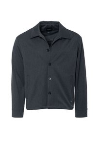 Czarna szara kurtka wykonana z miękkiego materiału, posiadająca klasyczny kołnierz, przednie kieszenie i zapięcie na guziki. Gładka tekstura z minimalnymi detalami.