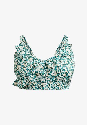 Bralette floral avec des bretelles froncées. Présente un fond blanc avec des fleurs turquoise et vertes, un tissu léger et une coupe ajustée.