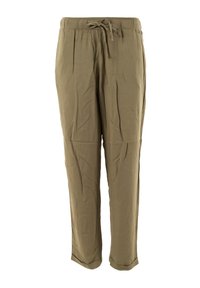 Pantaloni khaki realizzati in tessuto leggero, dotati di una vita elastica con coulisse, gamba affusolata e una texture liscia.