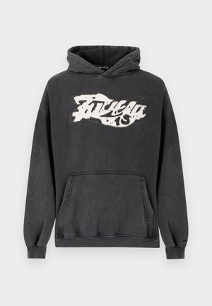 Dunkelgrauer Hoodie aus Baumwolle mit einer aufgesetzten Kängurutasche vorne und einem übergroßen Schnitt. Weißer Grafikdruck auf der Brust mit einem Used-Effekt.