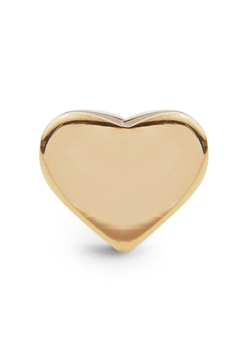 Ciondolo a forma di cuore color oro con una superficie liscia e lucida e bordi arrotondati, che misura circa 2 cm di larghezza.