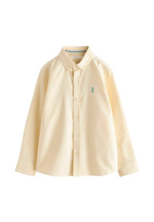 Beiges langärmeliges Hemd mit Knopfleiste, Button-Down-Kragen und kleinem blauem Hummer-Logo auf der linken Brust.