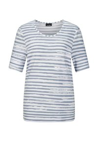 Gestreepte t-shirt met korte mouwen in lichtgrijs en wit, ronde halslijn, zachte katoenmix stof, met ongelijke horizontale lijnen.