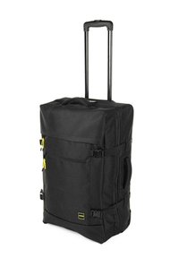 Bolsa de lona con ruedas negras y asa telescópica, gran compartimento principal, bolsillo frontal con cremallera y detalles en cremallera amarillos. Cuenta con correas ajustables.