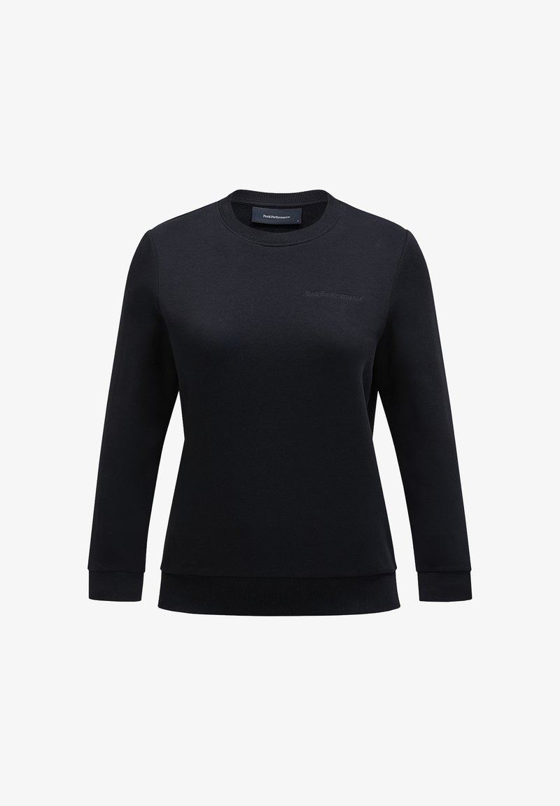 Felpa nera con maniche lunghe, scollatura rotonda e polsini a costine. Presenta un marchio discreto dello stesso colore sul davanti. Tessuto morbido.