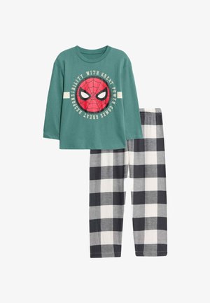 Teal long-sleeve shirt with Spiderman graphic; gray and white checkered pajama pants with elastic waistband. Soft cotton material.