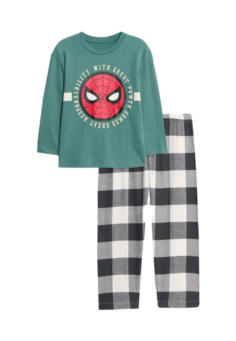 Teal long-sleeve shirt with Spiderman graphic; gray and white checkered pajama pants with elastic waistband. Soft cotton material.