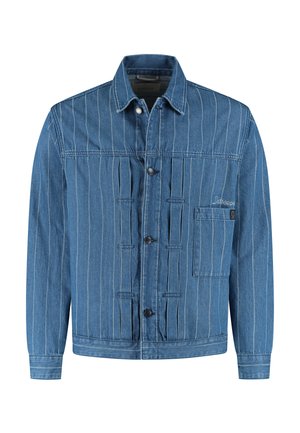 Blue denim jacket with vertical white stripes, button closure, collar, long sleeves, and a chest pocket on the left side with embroidery detail.