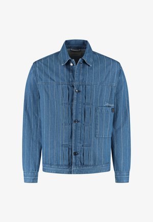 Blue denim jacket with vertical white stripes, button closure, collar, long sleeves, and a chest pocket on the left side with embroidery detail.