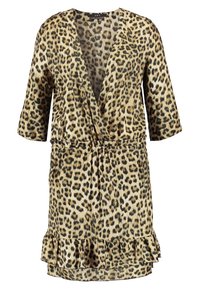 Leopard-Punkt Kleid aus leichtem Stoff, mit V-Ausschnitt, Dreiviertelärmeln, elastischem Bund und gewelltem Saum.