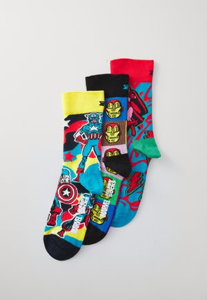 Three pairs of colorful socks featuring superhero designs. Materials are soft knit. Colors include black, red, yellow, blue, and green. Patterns vary.