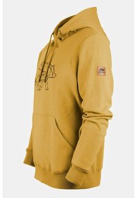 Kapuzensweatshirt in Senfgelb, hergestellt aus weichem Stoff. Verfügt über ein geometrisches Bärenmotiv, eine Kängurutasche und gerippte Bündchen mit Logo-Patch.