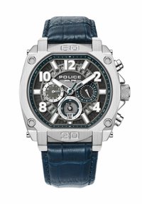 Silverfärgad klocka i rostfritt stål med en mörkblå läderrem, flerskiktad grå urtavla, stora arabiska siffror och flera subdials.