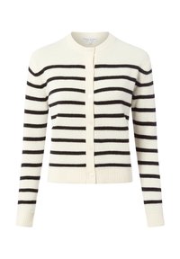Creme gebreide cardigan met zwarte horizontale strepen, lange mouwen, ribgebreide manchetten en zoom, en een knoopsluiting aan de voorkant.