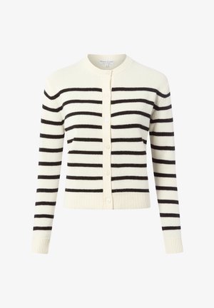 Creme gebreide cardigan met zwarte horizontale strepen, lange mouwen, ribgebreide manchetten en zoom, en een knoopsluiting aan de voorkant.