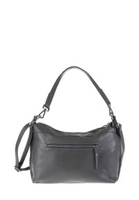 Borsa a mano in pelle grigia con una texture liscia, dotata di una tasca frontale con cerniera e una tracolla staccabile.