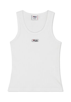 Witte geribbelde FILA mouwloze tanktop voor kinderen van 11-12 jaar met logopatch gecentreerd onder de halslijn.