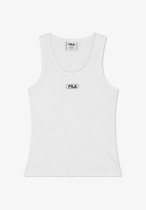 Witte geribbelde FILA mouwloze tanktop voor kinderen van 11-12 jaar met logopatch gecentreerd onder de halslijn.