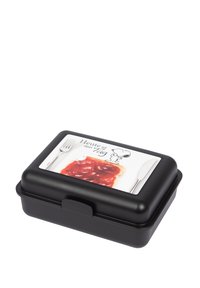 Lunch box in plastica nera di forma rettangolare, decorato con un disegno stampato di pane e marmellata, con un'illustrazione di coltello e forchetta.