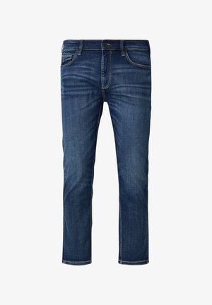 Dunkelblaue Denim-Jeans mit geradem Schnitt, fünf Taschen und Kontrastnähten. Mit einem Knopfverschluss und Gürtelschlaufen.