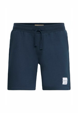 Navy blue cotton shorts with a comfortable elastic waistband, drawstring, and side pockets; features a small white logo patch.