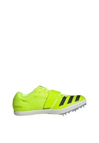 Scarpe da corsa verdi e nere con tessuto testurizzato, chiusura con lacci, una fascia sul metatarso e suola con spuntoni per la trazione.