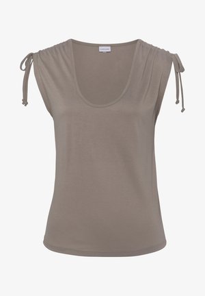 Débardeur marron clair sans manches en matériau lisse, avec un décolleté en cœur et des détails de cordon aux épaules.