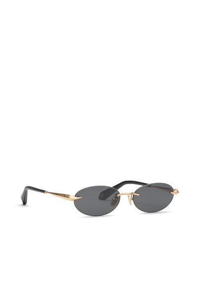Slim oval sunglasses with black lenses and gold-tone metal frames, featuring black temple tips, shown on a white background.
