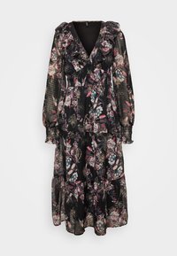 Čierna kvetinová maxi šaty s volánovým výstrihom a dlhými rukávmi. Obsahuje tiered sukňu a mix farebných kvetinových vzorov.