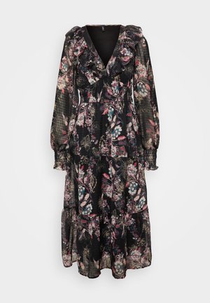 Svart blomster maxi-kjole med volang-hals og lange ermer. Har en lagdelt skjørt og en miks av fargerike blomster mønstre.