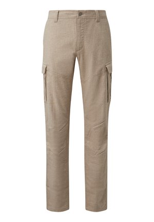 Pantalon cargo beige avec bouton frontal, passants pour ceinture et poches à rabat sur les deux cuisses, coupe droite.