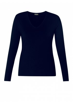Marineblauw lange mouwen top met een v-hals, gemaakt van een zachte, rekbare stof. Heeft een getailleerd ontwerp en een soepele textuur.