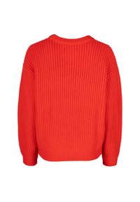 Roter gestrickter Pullover mit geripptem Muster, weiten Ärmeln und rundem Halsausschnitt. Die Rückseite hat eine lockere Passform ohne zusätzliche Details.