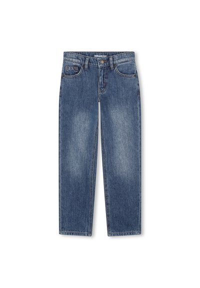 Jean en denim bleu avec une coupe droite, présentant un devant décoloré, un design classique à cinq poches et une fermeture à bouton à la taille.