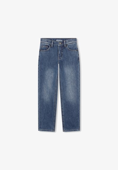 Jean en denim bleu avec une coupe droite, présentant un devant décoloré, un design classique à cinq poches et une fermeture à bouton à la taille.