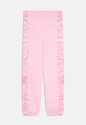 Roze sweatpants met elastische tailleband, voorzien van sierlijke patroonpanelen aan de zijkanten en elastische manchetten bij de enkels. Subtiele geborduurde logo-detail.