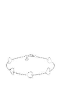 Silverarmband med fem öppna hjärtformade motiv, länkade av en fin kedja. Inkluderar en karbinhake och en justerbar längd.