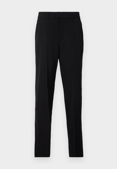 Pantalons noirs en tissu lisse, avec une coupe droite, des passants de ceinture, une fermeture éclair et des poches latérales pour la fonctionnalité.