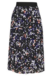 Černá plisovaná sukně s barevným květinovým vzorem v bílé, modré a korálové barvě. Má jednobarevný černý pás a lehkou látku.